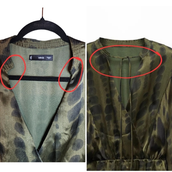 MNG Khaki Green Tie Dye Long Sleeve Tiered Satin Dress Size 6 - Picture 9 of 13